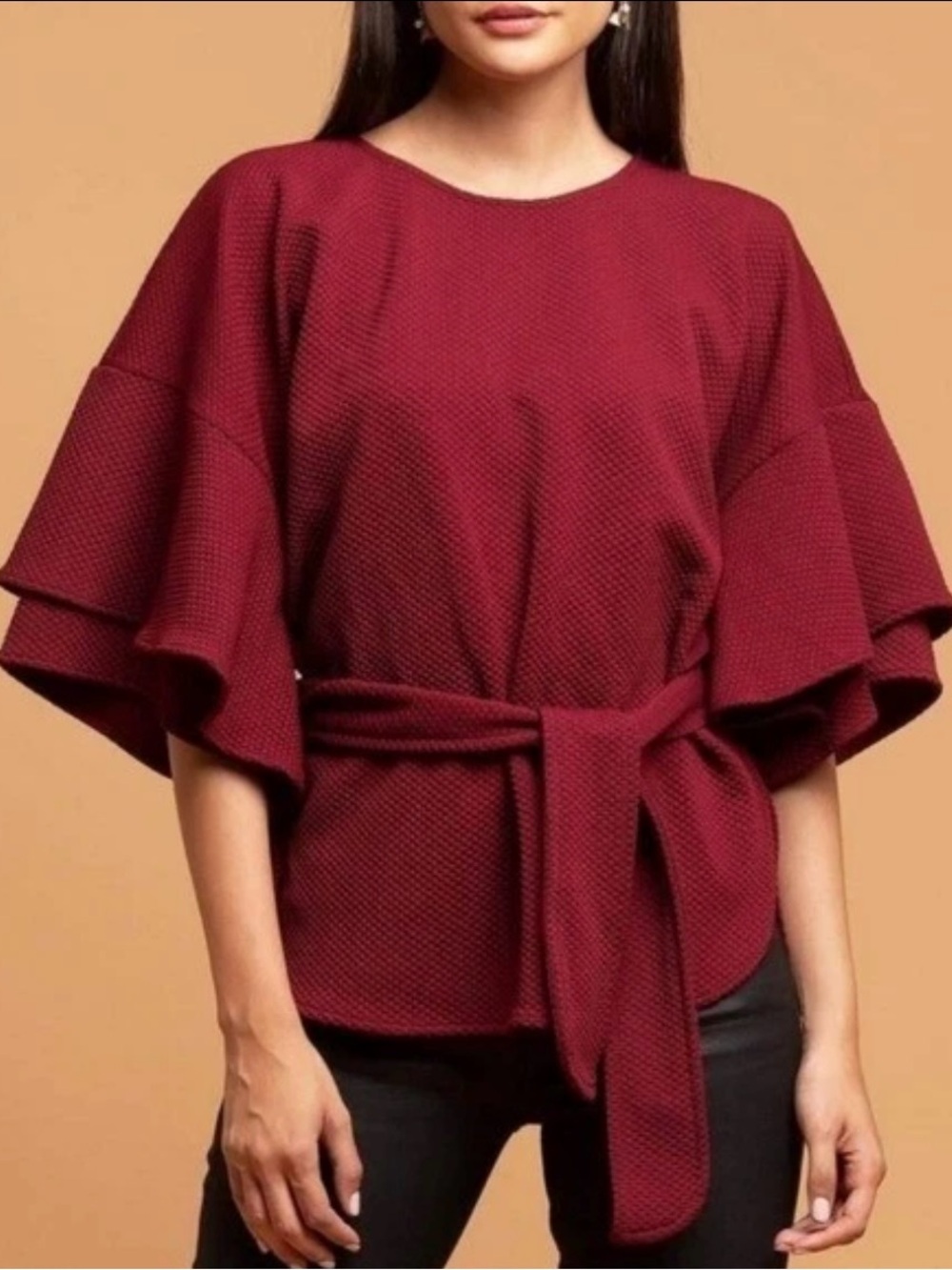 Eva Franco by Anthropology Burgundy Ruffle-Sleeve Tie-Waist Blouse size Large